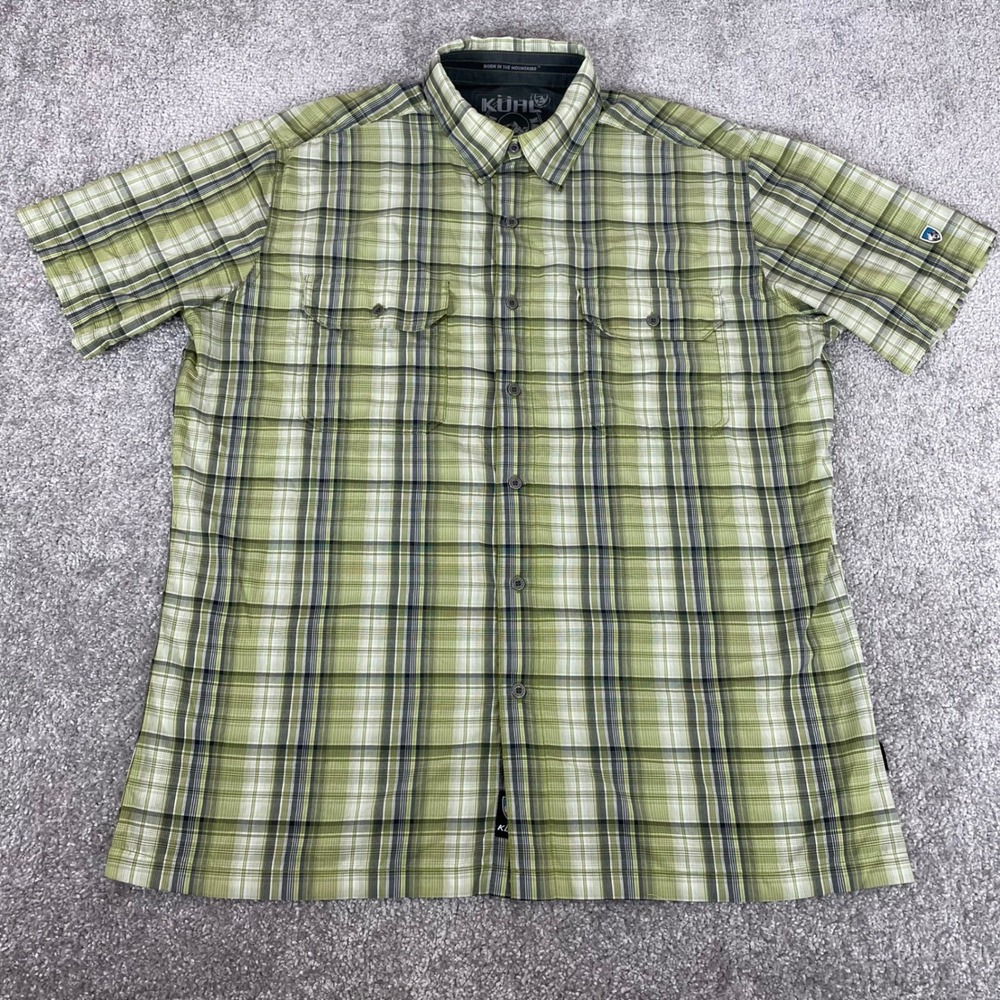 Kuhl Button Down Shirt Mens Large Eluxor Plaid Short Sleeve Green Hiking Trail - Picture 2 of 12